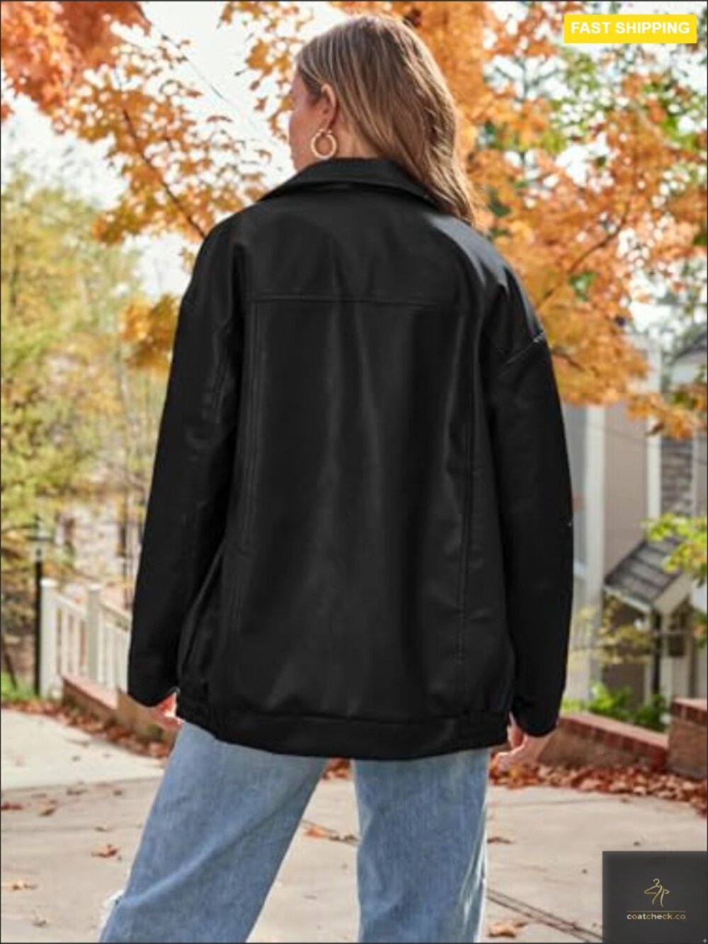 Oversized Faux Leather Motorcycle Jacket Y2K Punk Style Zipper Closure - Picture 4 of 5